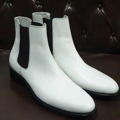 Crafted leather classic dress shoes men white leather chelsea boot  - Thumbnail 5