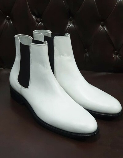 Crafted Leather Classic Dress Shoes Men White Leather Chelsea Boot 
