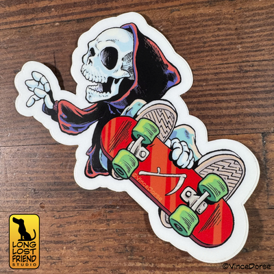 Grim Reaper Skateboard (Wish on a Halloween Moon) Sticker 5"x3"