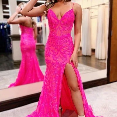 Fuchsia mermaid v neck sequins long prom dresses with slit ,pd230460
