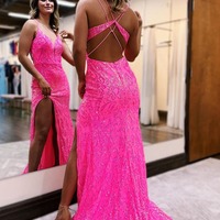 Pink Mermaid V Neck Sequins Lace Long Prom Dresses with Slit,PD230461 - Thumbnail 1