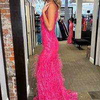 Fuchsia Mermaid V Neck Sequins Lace Long Prom Dresses with Feather,PD230462 - Thumbnail 1