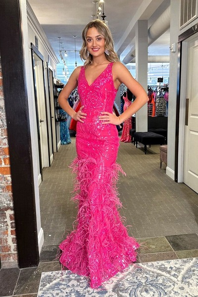 Fuchsia Mermaid V Neck Sequins Lace Long Prom Dresses with Feather,PD230462