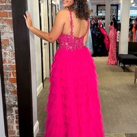 Fuchsia  Ruffle Tiered Tulle V Neck Long Prom Dress with Appliques,PD230463 - Thumbnail 1