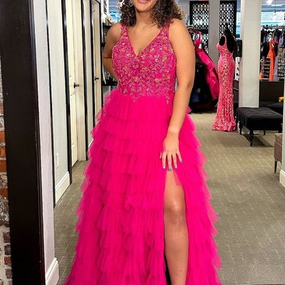 Fuchsia  ruffle tiered tulle v neck long prom dress with appliques,pd230463