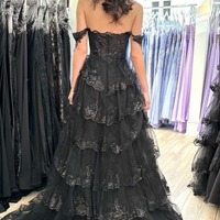 Off the Shoulder Ruffle Tiered Black  Prom Dress with Slit,PD230465 - Thumbnail 1