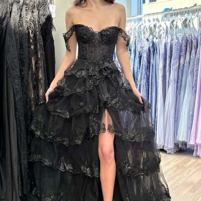 Off the shoulder ruffle tiered black  prom dress with slit,pd230465