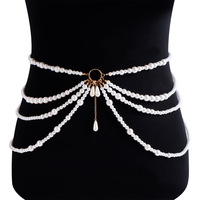 Multi-Layer Butterfly Shaped Pearl Bikini Waist Chain Belly Jewelry - Thumbnail 2