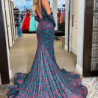 V Neck Mermaid Blue Backless Long Prom Dresses,PD230466 - Thumbnail 1