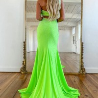 One Shoulder Mermaid Green Satin Beaded Long Prom Dresses,PD230470 - Thumbnail 1