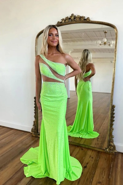 One Shoulder Mermaid Green Satin Beaded Long Prom Dresses,PD230470
