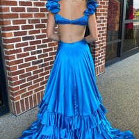 A-Line Blue V Neck Ruffle Satin Long Prom Dresses with Slit,PD230471 - Thumbnail 1