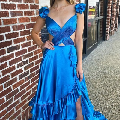 A-line blue v neck ruffle satin long prom dresses with slit,pd230471