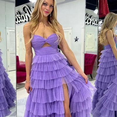 Sweetheart lilac ruffle tulle keyhole long prom dresses with slit,pd230472