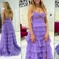 Sweetheart Lilac Ruffle Tulle Keyhole Long Prom Dresses with Slit,PD230472 - Thumbnail 1