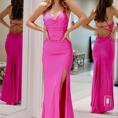 Cowl neck mermaid fuchsia satin beaded long prom dresses with slit,pd230473