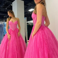 A-Line Pink Strapless Organza Long Prom Dresses with Beading ,PD230475 - Thumbnail 1