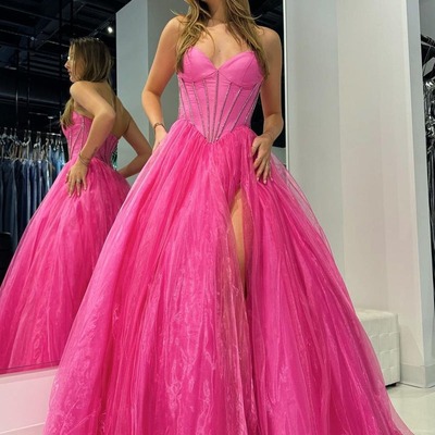 A-line pink strapless organza long prom dresses with beading ,pd230475