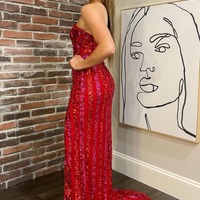 Mermaid Red Strapless Sequins Long Prom Dresses with Slit ,PD230477 - Thumbnail 1