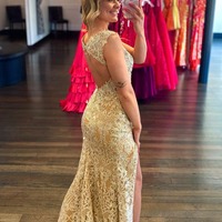 V Neck Mermaid Champagne Lace Long Prom Dresses with Slit,PD230479 - Thumbnail 1