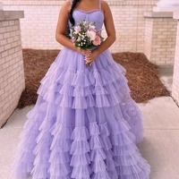 A-Line Lilac Sweetheart Ruffle Tulle Long Prom Dresses with Beading,PD230480 - Thumbnail 1
