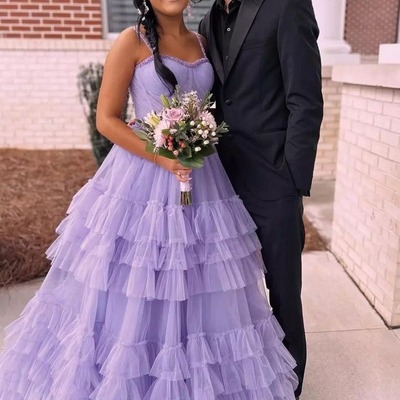 A-line lilac sweetheart ruffle tulle long prom dresses with beading,pd230480