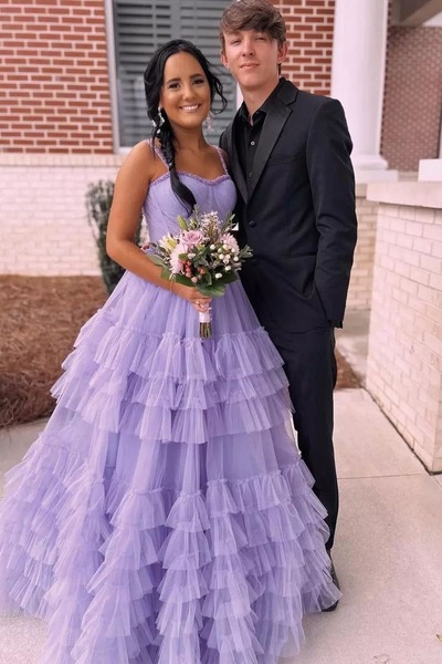 A-Line Lilac Sweetheart Ruffle Tulle Long Prom Dresses with Beading,PD230480