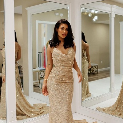 Mermaid gold cowl neck sequins long prom dresses ,pd230482