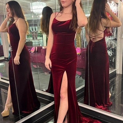 Mermaid burgundy scoop neck velvet long prom dresses with slit,pd230484