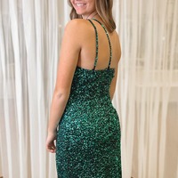 Mermaid Green One Shoulder Sequins Long Prom Dresses with Slit,PD230486 - Thumbnail 1