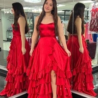 A-Line Red Scoop Neck Ruffle Tiered Satin  Long Prom Dresses,PD230487 - Thumbnail 1