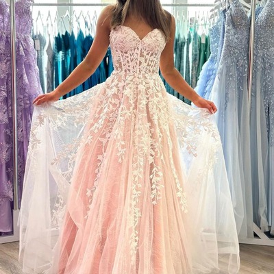 Sweetheart a-line tulle long prom dress with appliques ,pd230491