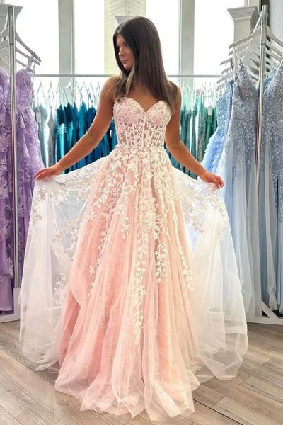 Sweetheart A-Line Tulle Long Prom Dress with Appliques ,PD230491