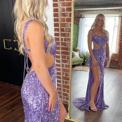 Mermaid purple scoop neck sequins long prom dresses with slit ,pd230493