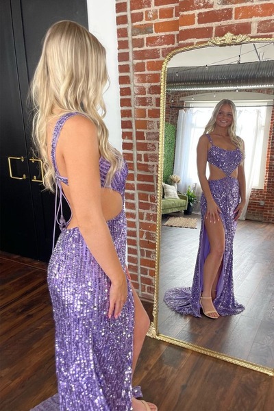 Mermaid Purple Scoop Neck Sequins Long Prom Dresses with Slit ,PD230493