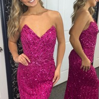 Mermaid Fuchsia Strapless Sequins Long Prom Dresses ,PD230495 - Thumbnail 1