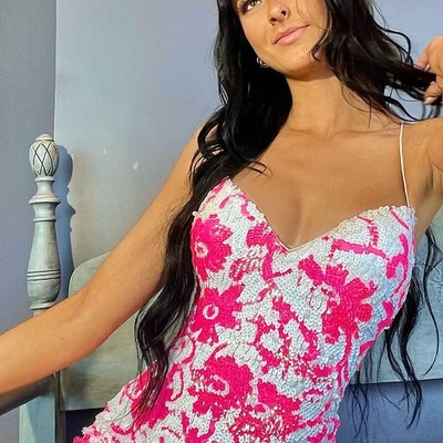 Short pink v neck sequins bodycon homecoming dresses mini cocktail dress ,pd230496