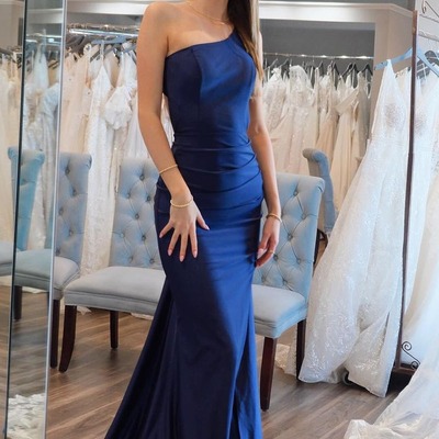 Simple one shoulder mermaid navy blue satin long prom dresses ,pd230497