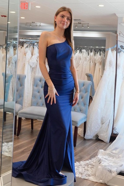 Simple One Shoulder Mermaid Navy Blue Satin Long Prom Dresses ,PD230497