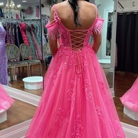 A-Line Pink Cold Shoulder Tulle Long Prom Dresses with Appliques ,PD230498 - Thumbnail 1