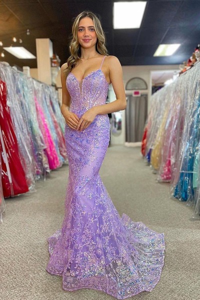 Mermaid Lilac V Neck Sequins Long Prom Dresses,PD230499