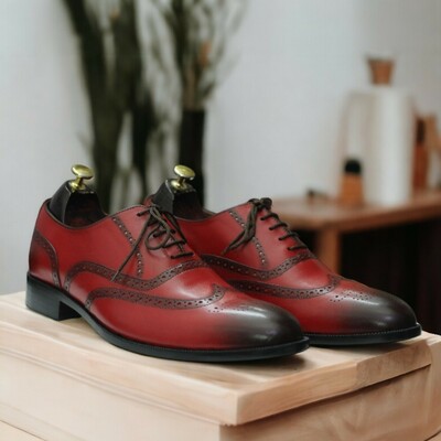 Handmade men's burgundy leather wing tip oxford shoes - Thumbnail 1