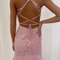 Mermaid Pink Scoop Neck Sequins Lace Prom Dresses,PD230501 - Thumbnail 1