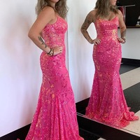 Mermaid Fuchsia Scoop Neck Sequins Lace Prom Dresses,PD230502 - Thumbnail 1