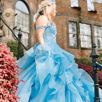 Off the Shoulder Blue Ruffle Tiered Tulle Long Prom Dresses with Appliques,PD230503 - Thumbnail 1