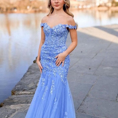 Mermaid lavender off the shoulder tulle appliques long prom dresses,pd230504