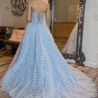 Long Blue Sweetheart Ruffle Tiered Tulle Prom Dresses with Appliques,PD230505 - Thumbnail 1