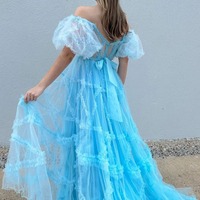 Sweetheart Light Blue Ruffle Tulle Long Prom Dresses,PD230506 - Thumbnail 1