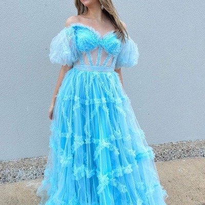 Sweetheart light blue ruffle tulle long prom dresses,pd230506