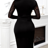 Elegant Temperament Long Sleeved Lace Stitching Package Hip Dress - Thumbnail 2